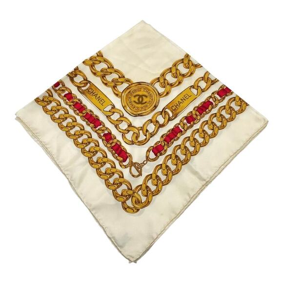 CHANEL Coco Mark Ivory x Multicolor Chain Pattern Square Silk Scarf /W Box - Picture 4 of 11